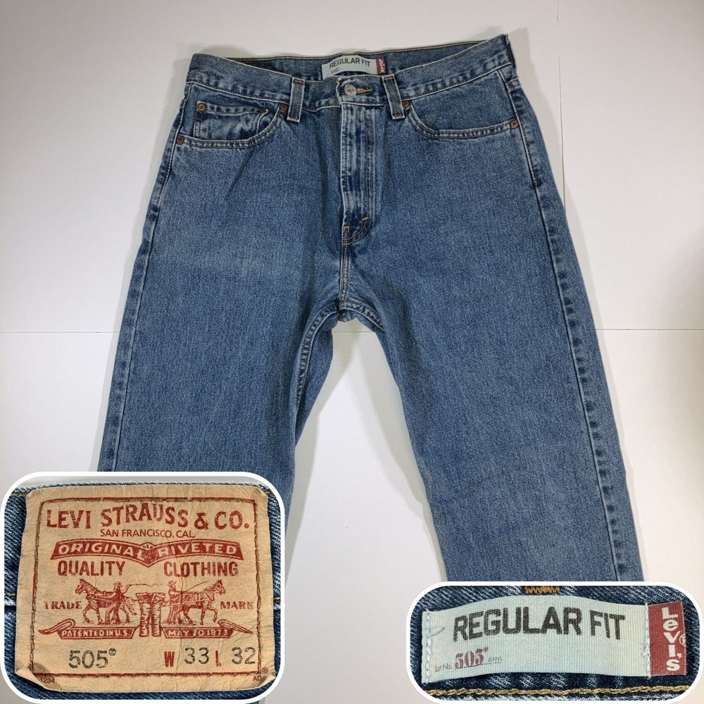 Levi's 505 Regular Fit Jeans Mens 33x32 Medium Wash Blue Denim Pants 100% Cotton